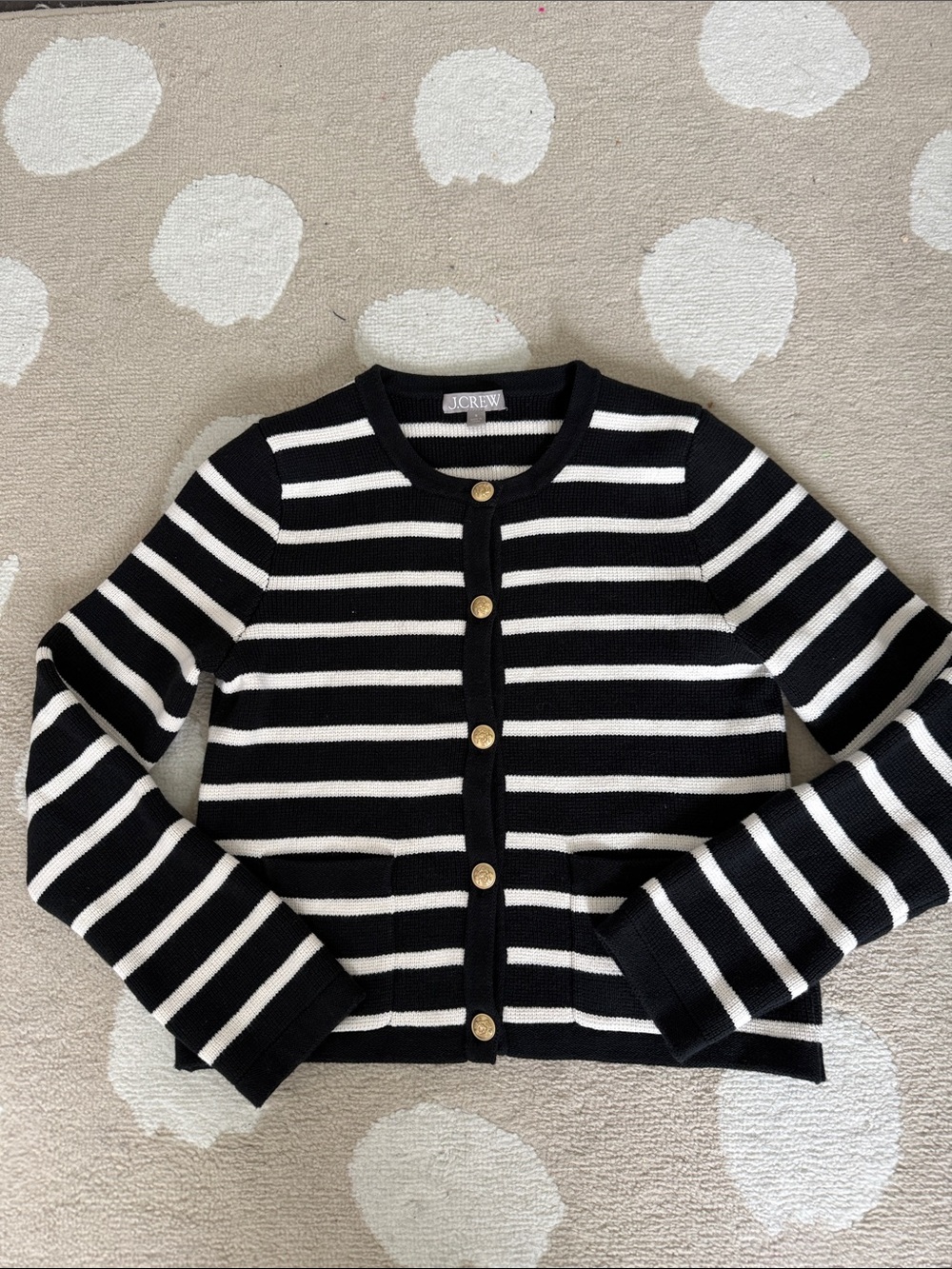 J. Crew Black and White Striped Gold-Button Cardigan